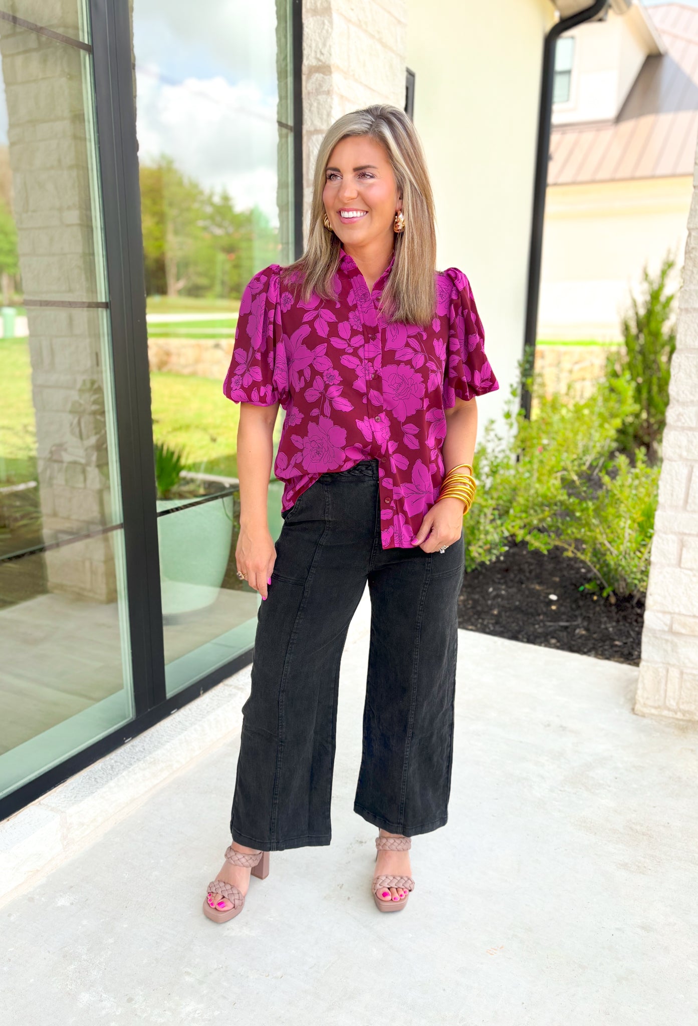 Send My Love Floral Blouse, Short puff sleeve button up floral blouse in a deep red wine and fuchsia 