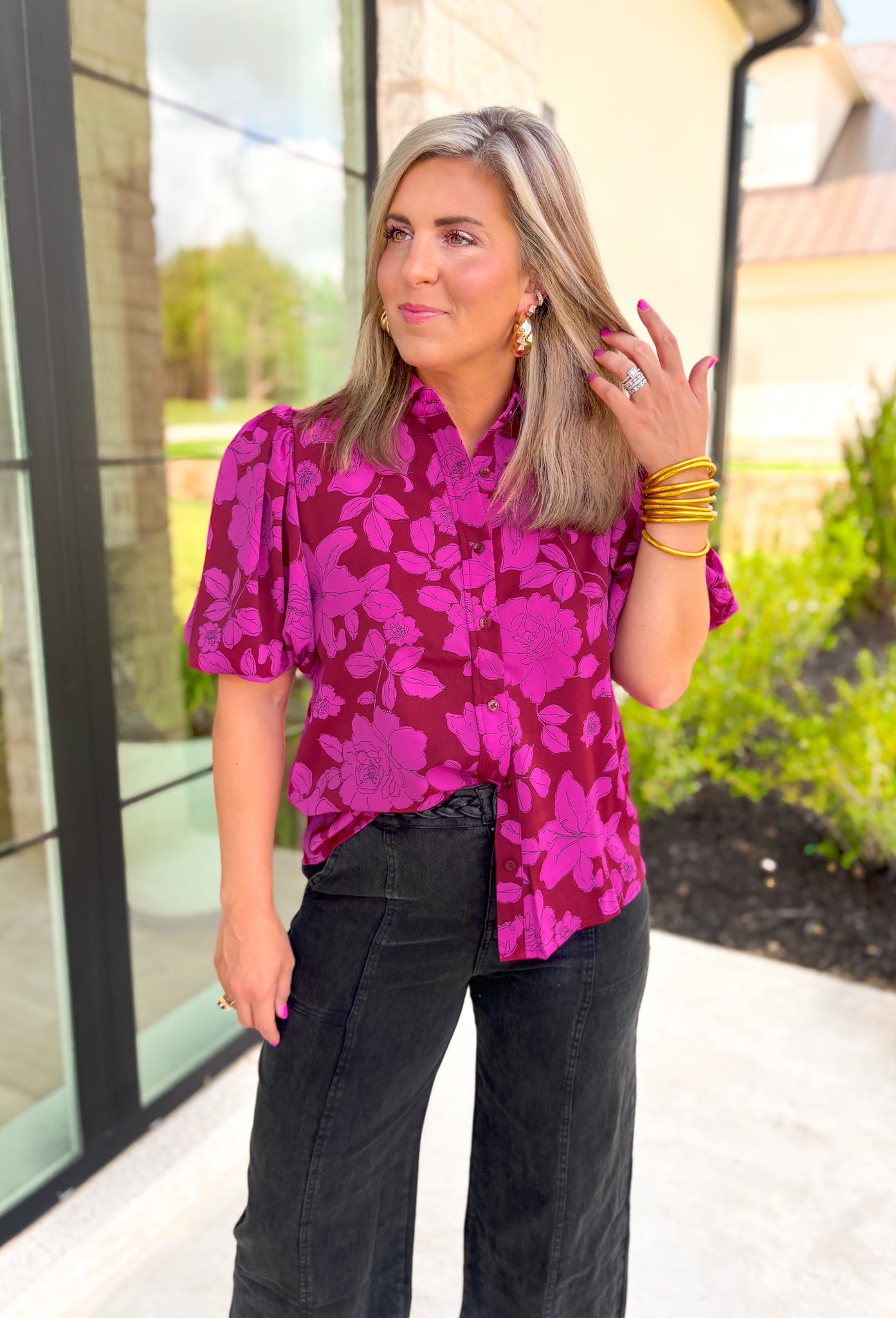 Send My Love Floral Blouse, Short puff sleeve button up floral blouse in a deep red wine and fuchsia 