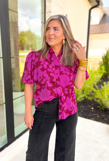 Send My Love Floral Blouse, Short puff sleeve button up floral blouse in a deep red wine and fuchsia 