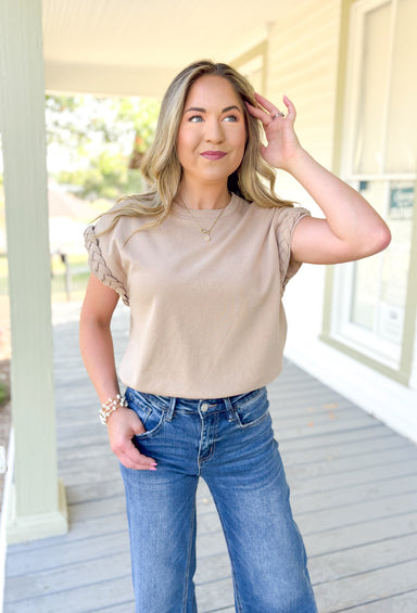 Sign Me Up Top in Taupe, tan cap sleeve top with braided hemming on the sleeves