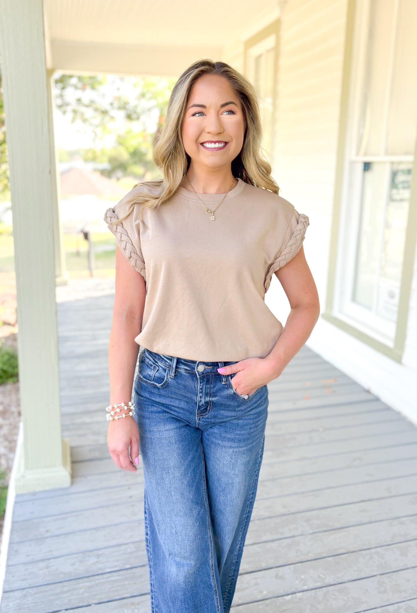 Sign Me Up Top in Taupe, tan cap sleeve top with braided hemming on the sleeves