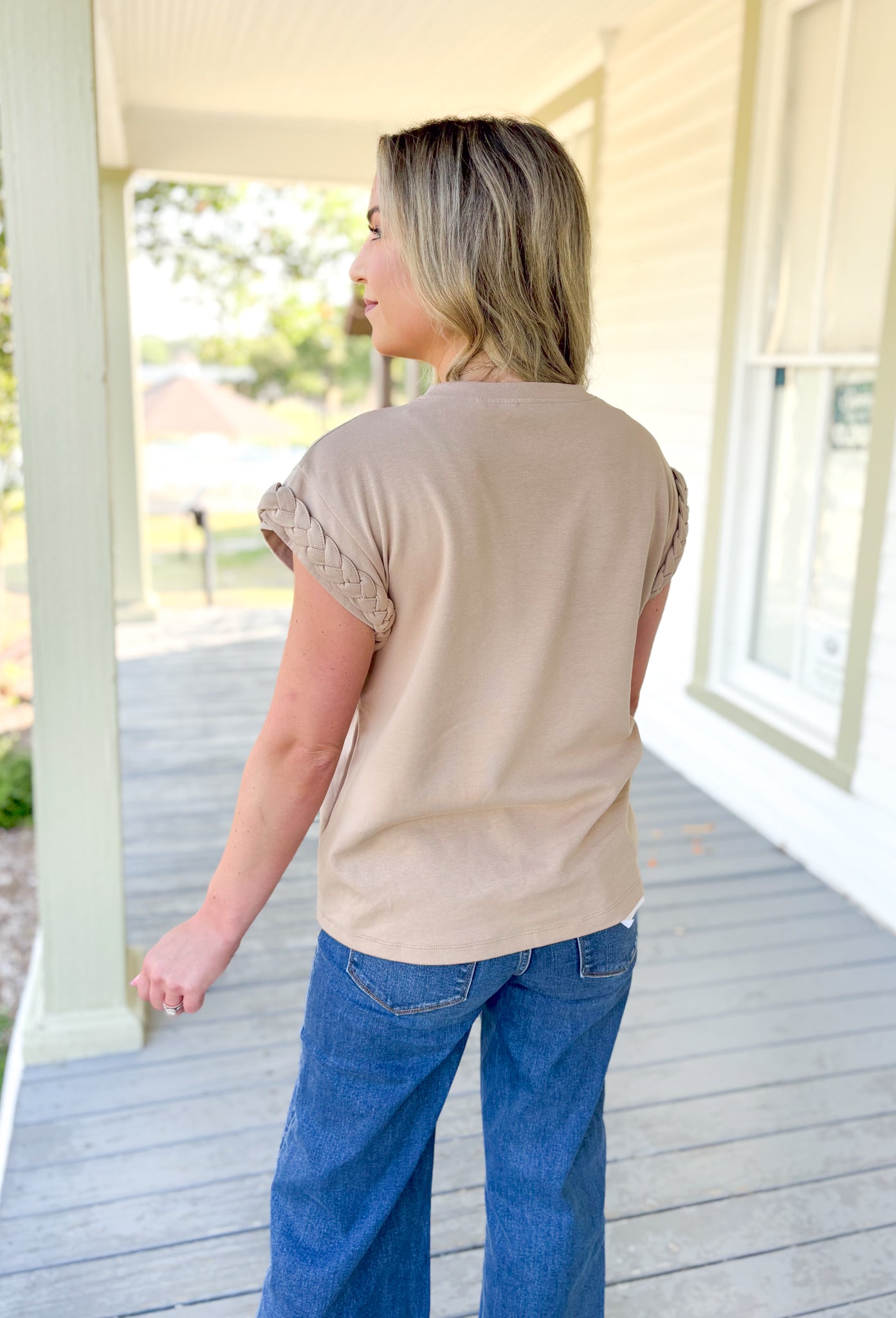 Sign Me Up Top in Taupe, tan cap sleeve top with braided hemming on the sleeves