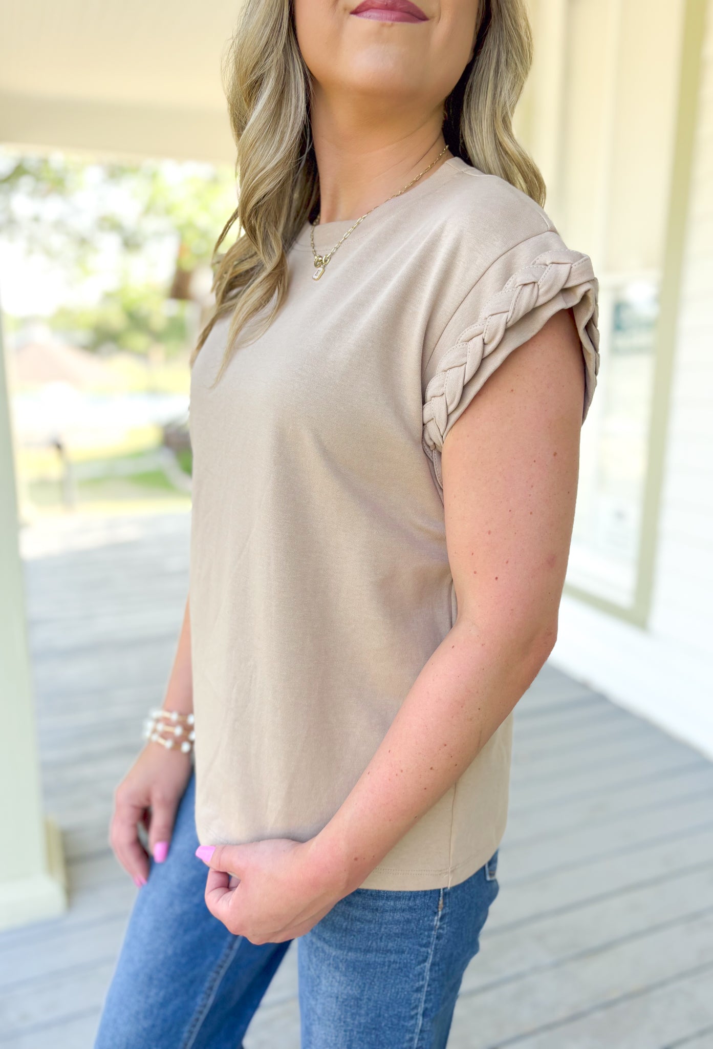 Sign Me Up Top in Taupe, tan cap sleeve top with braided hemming on the sleeves