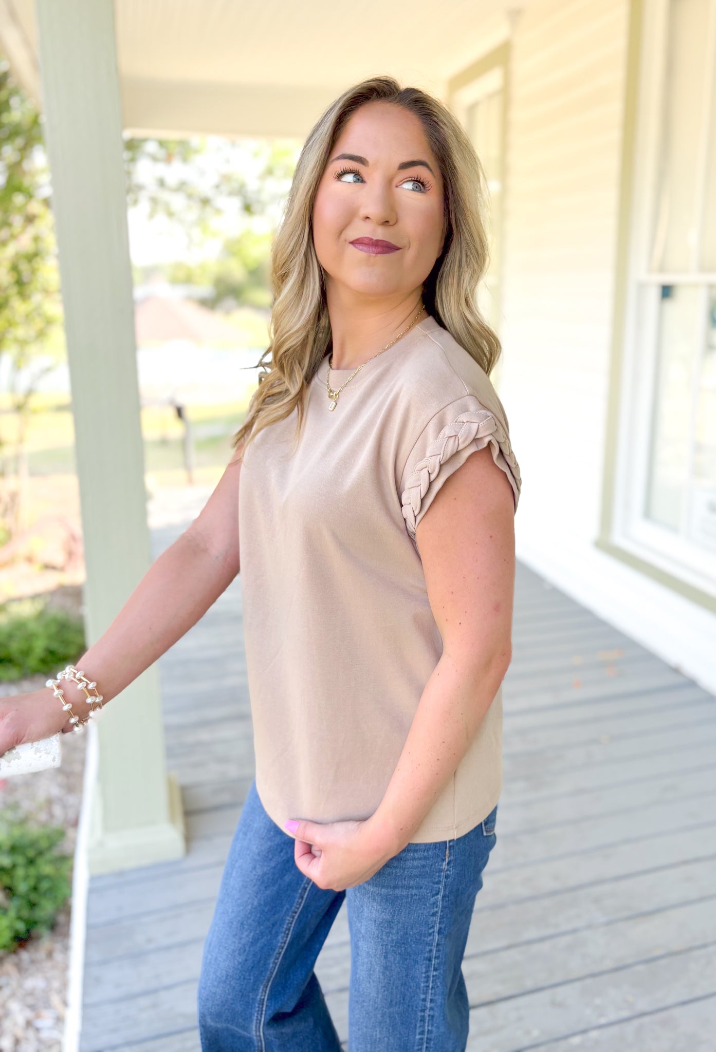 Sign Me Up Top in Taupe, tan cap sleeve top with braided hemming on the sleeves