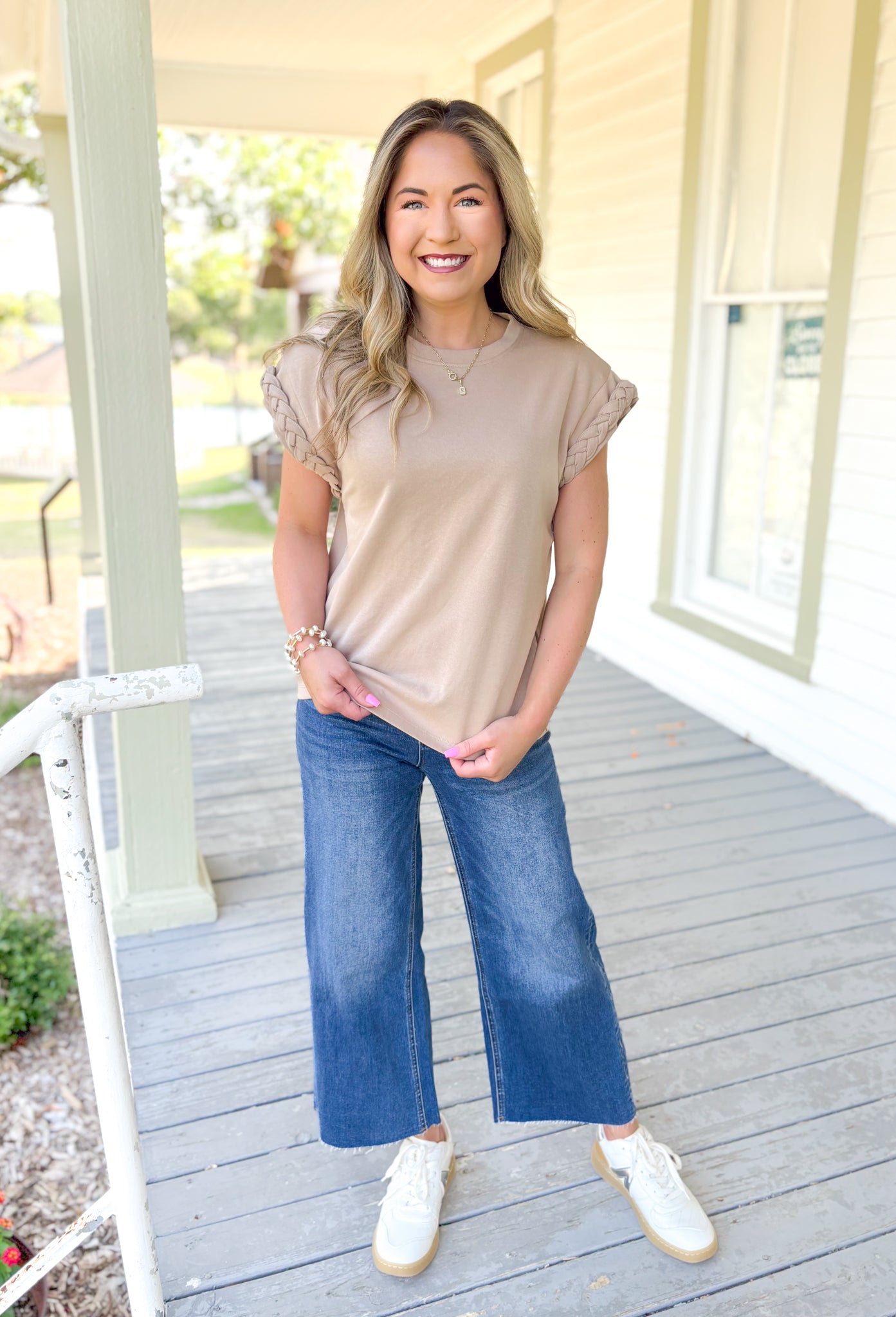 Sign Me Up Top in Taupe, tan cap sleeve top with braided hemming on the sleeves