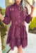 Simply Chic Dress in Merlot, long sleeve pearl button down dress with eyelet lace details on the body, tiers and sleeves of the dress, tie belt detail around the waist, scallop lace detail on the hem of the dress as well as the collar 