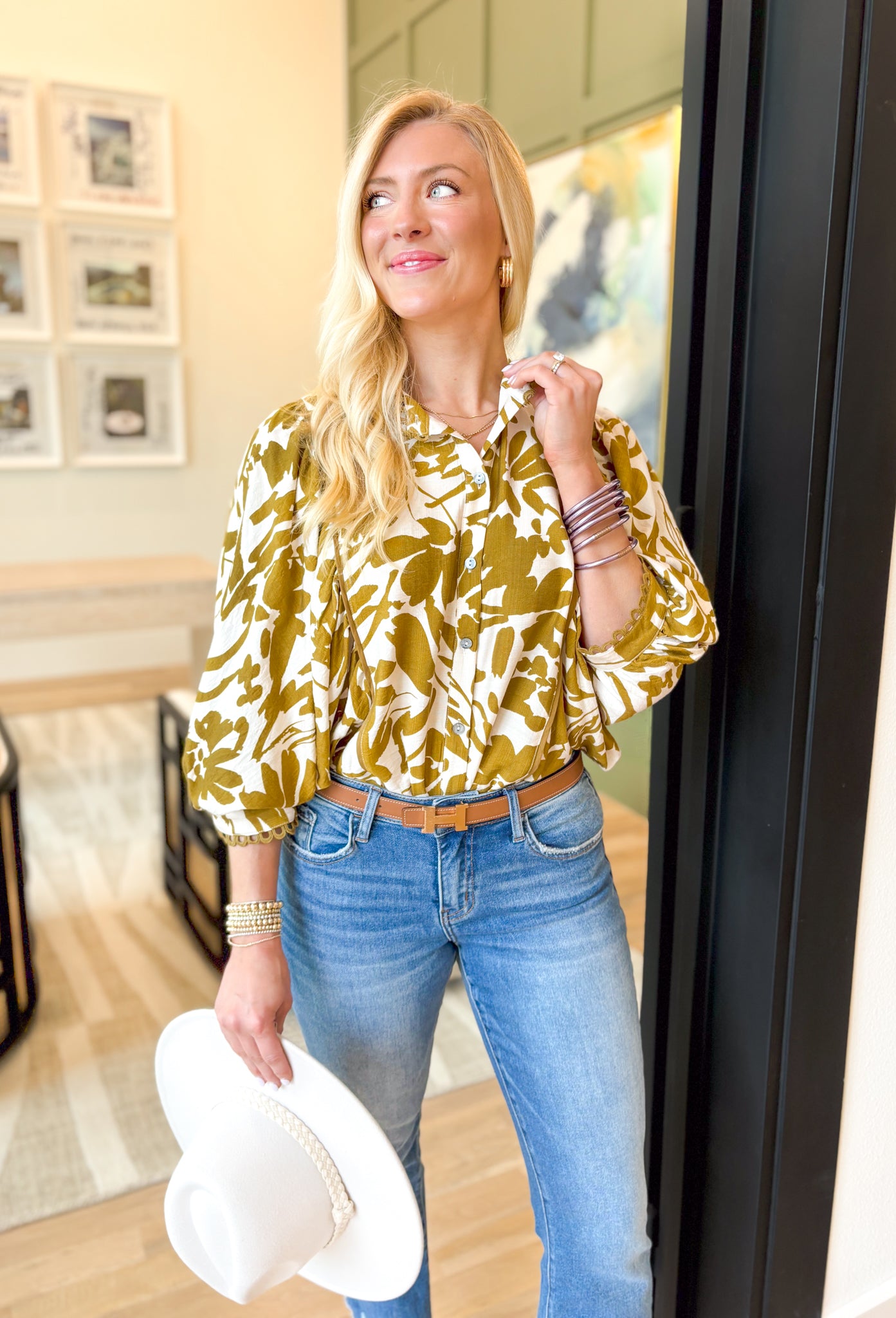 Sonoma Breeze Top, quarter length dolman sleeve button down abstract floral blouse in olive and off white, scalloped lace trim on the collar and hem of the sleeve 