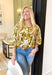 Sonoma Breeze Top, quarter length dolman sleeve button down abstract floral blouse in olive and off white, scalloped lace trim on the collar and hem of the sleeve 