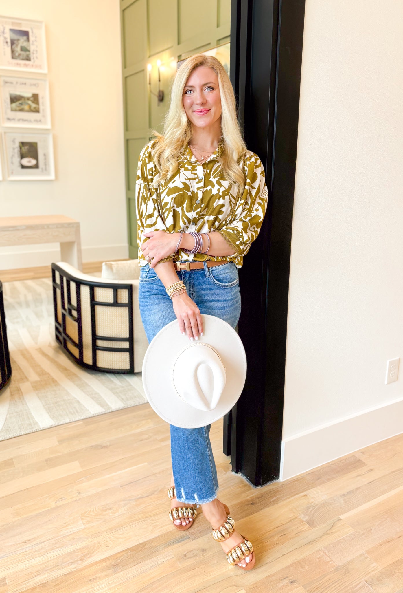 Sonoma Breeze Top, quarter length dolman sleeve button down abstract floral blouse in olive and off white, scalloped lace trim on the collar and hem of the sleeve 