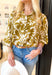 Sonoma Breeze Top, quarter length dolman sleeve button down abstract floral blouse in olive and off white, scalloped lace trim on the collar and hem of the sleeve 