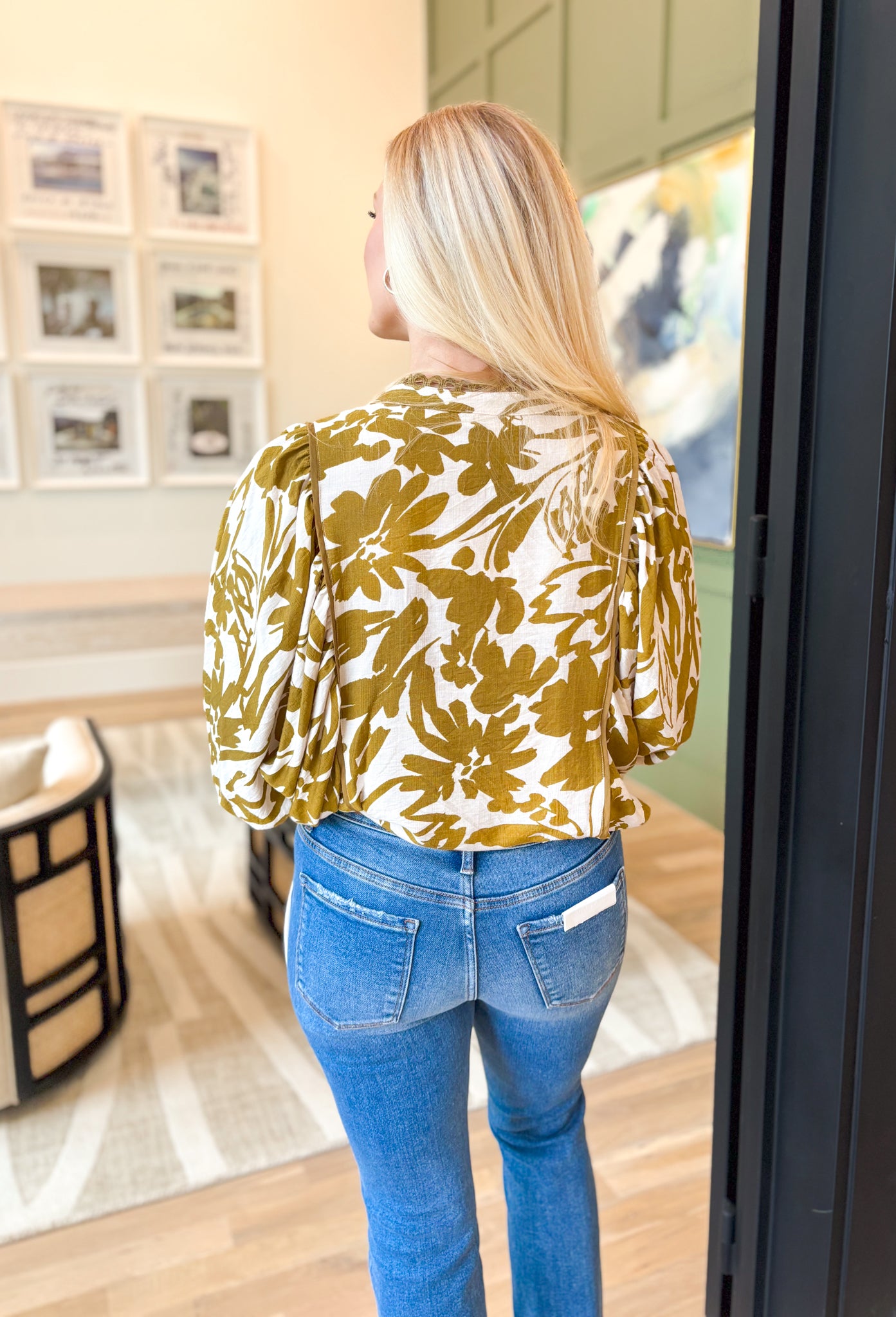 Sonoma Breeze Top, quarter length dolman sleeve button down abstract floral blouse in olive and off white, scalloped lace trim on the collar and hem of the sleeve 