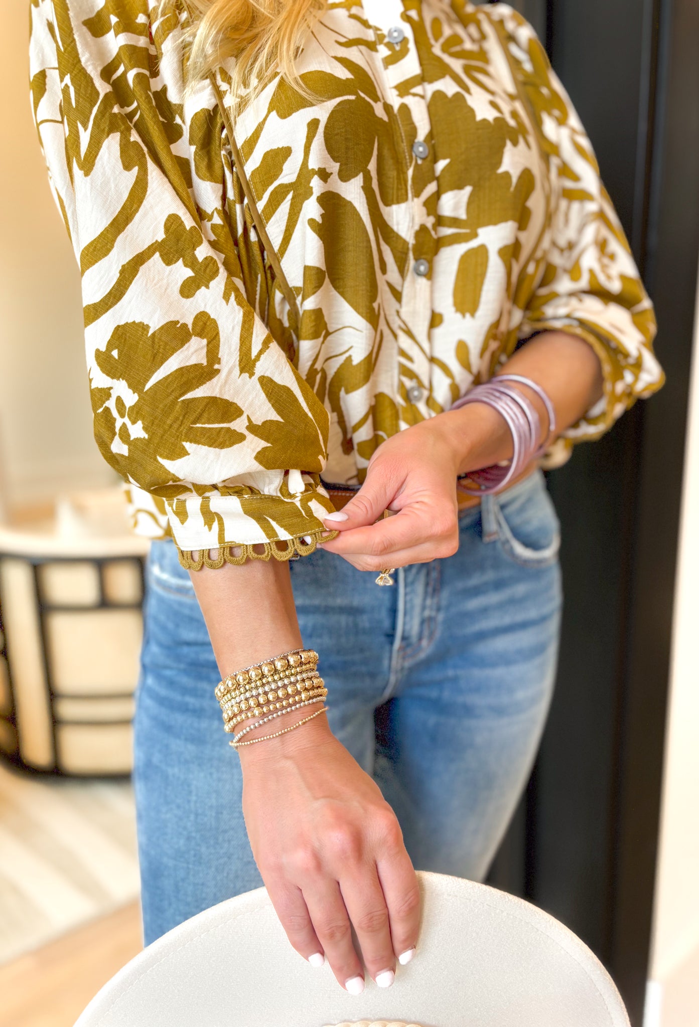 Sonoma Breeze Top, quarter length dolman sleeve button down abstract floral blouse in olive and off white, scalloped lace trim on the collar and hem of the sleeve 