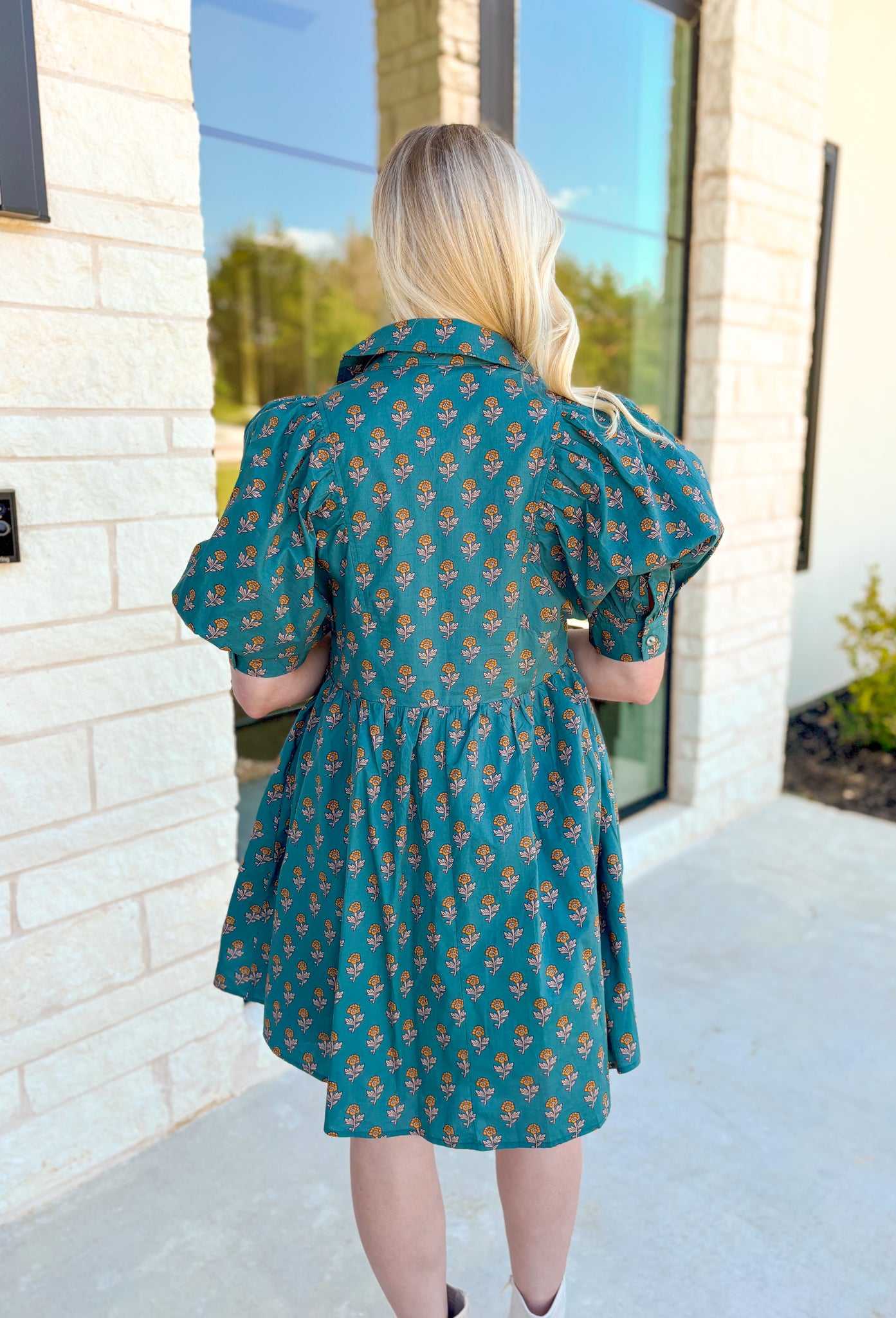 Stolen Moments Floral Dress, blue green puff sleeve mini dress with v-neck, collar, and pockets with mustard floral print 