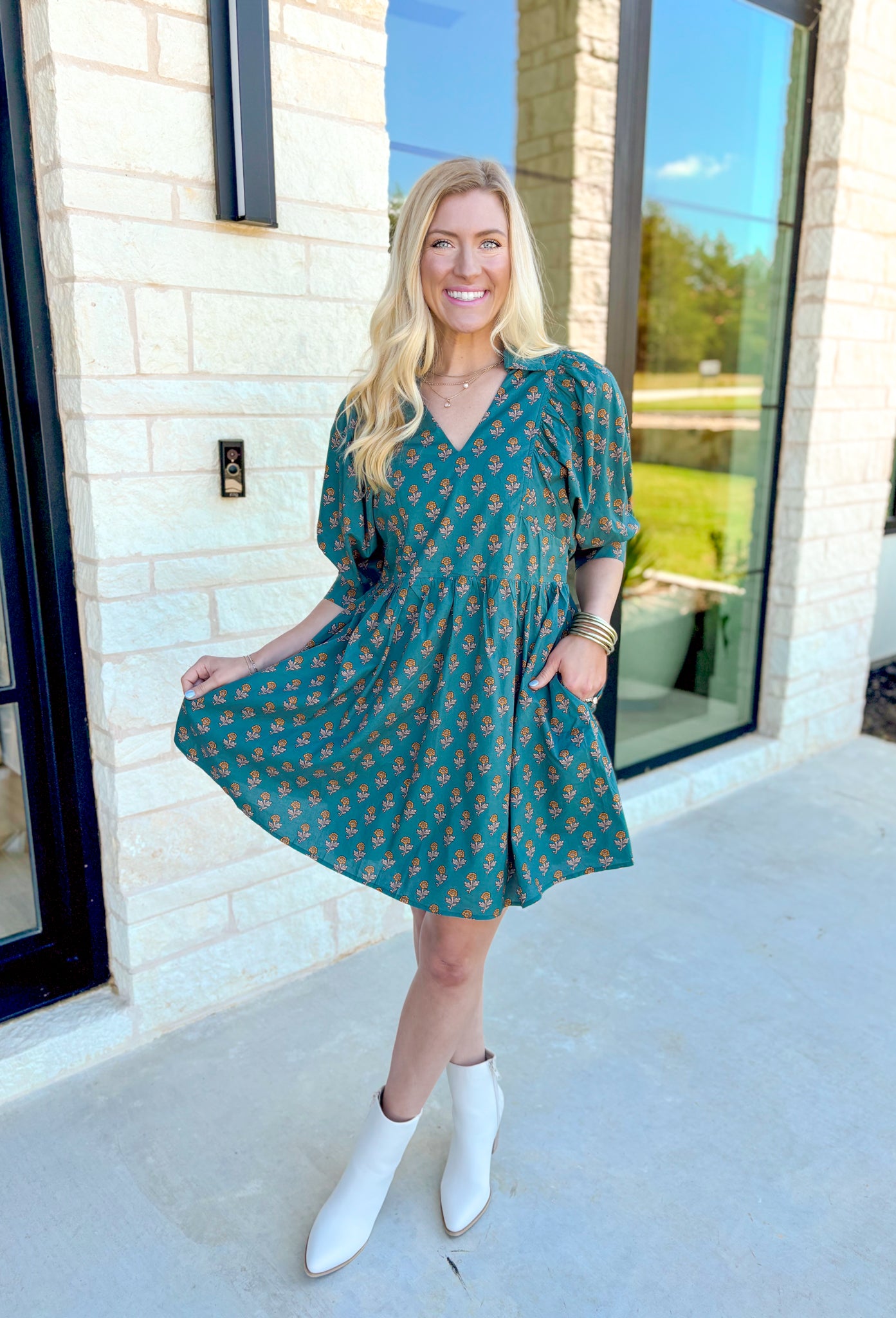 Stolen Moments Floral Dress, blue green puff sleeve mini dress with v-neck, collar, and pockets with mustard floral print 