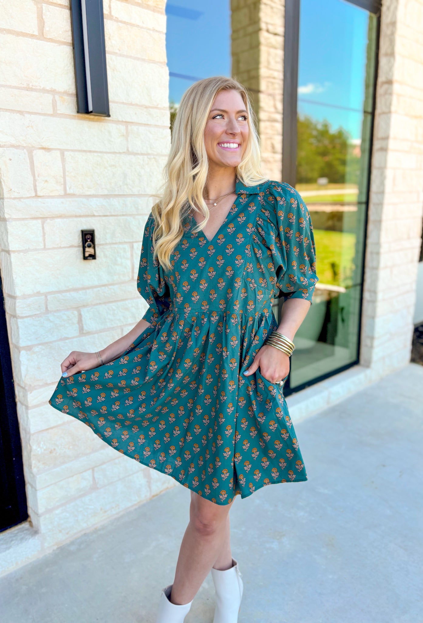 Stolen Moments Floral Dress, blue green puff sleeve mini dress with v-neck, collar, and pockets with mustard floral print 