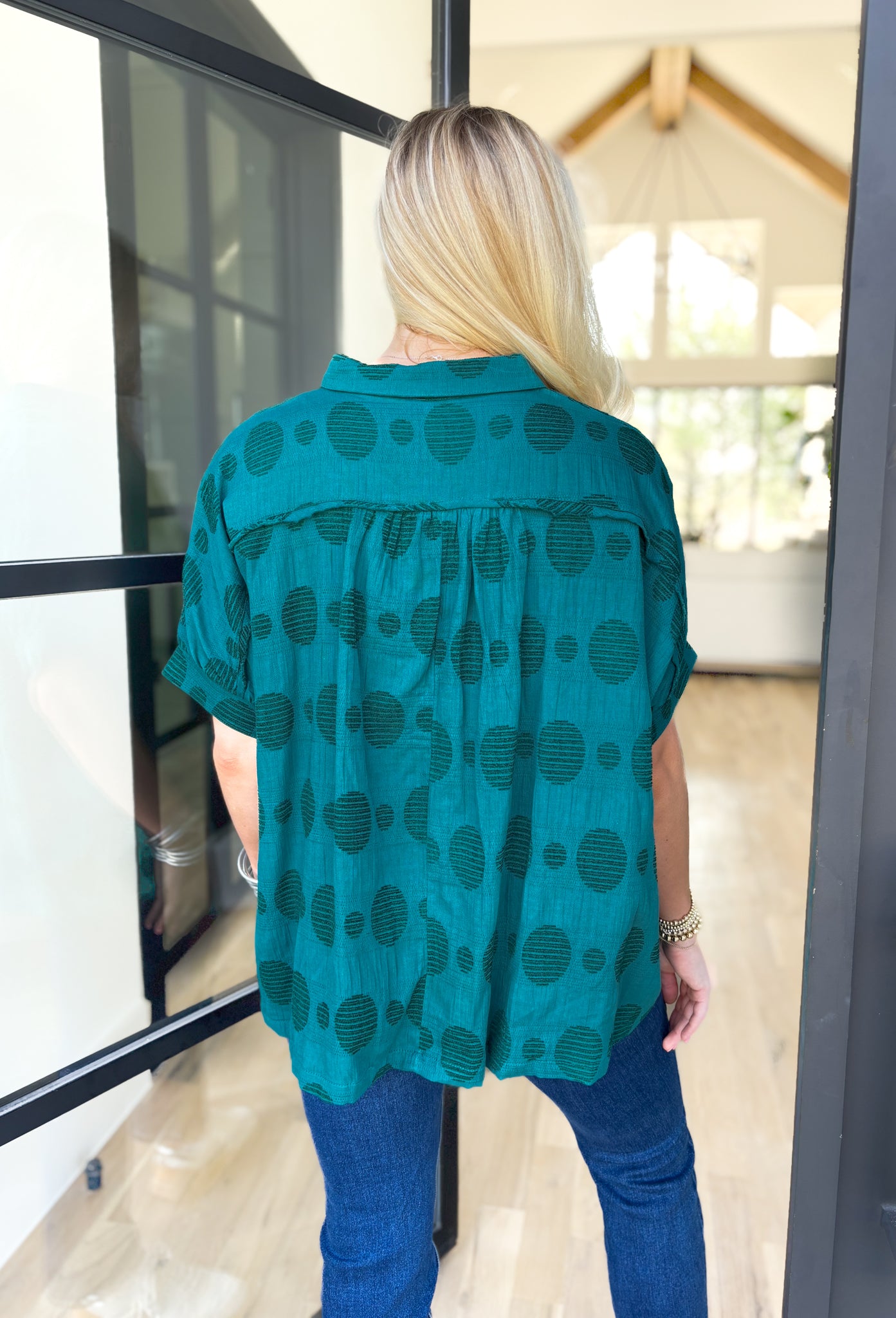 Sweet Memories Button Up Top, deep teal short sleeve button up blouse with textured circle details on the whole blouse 