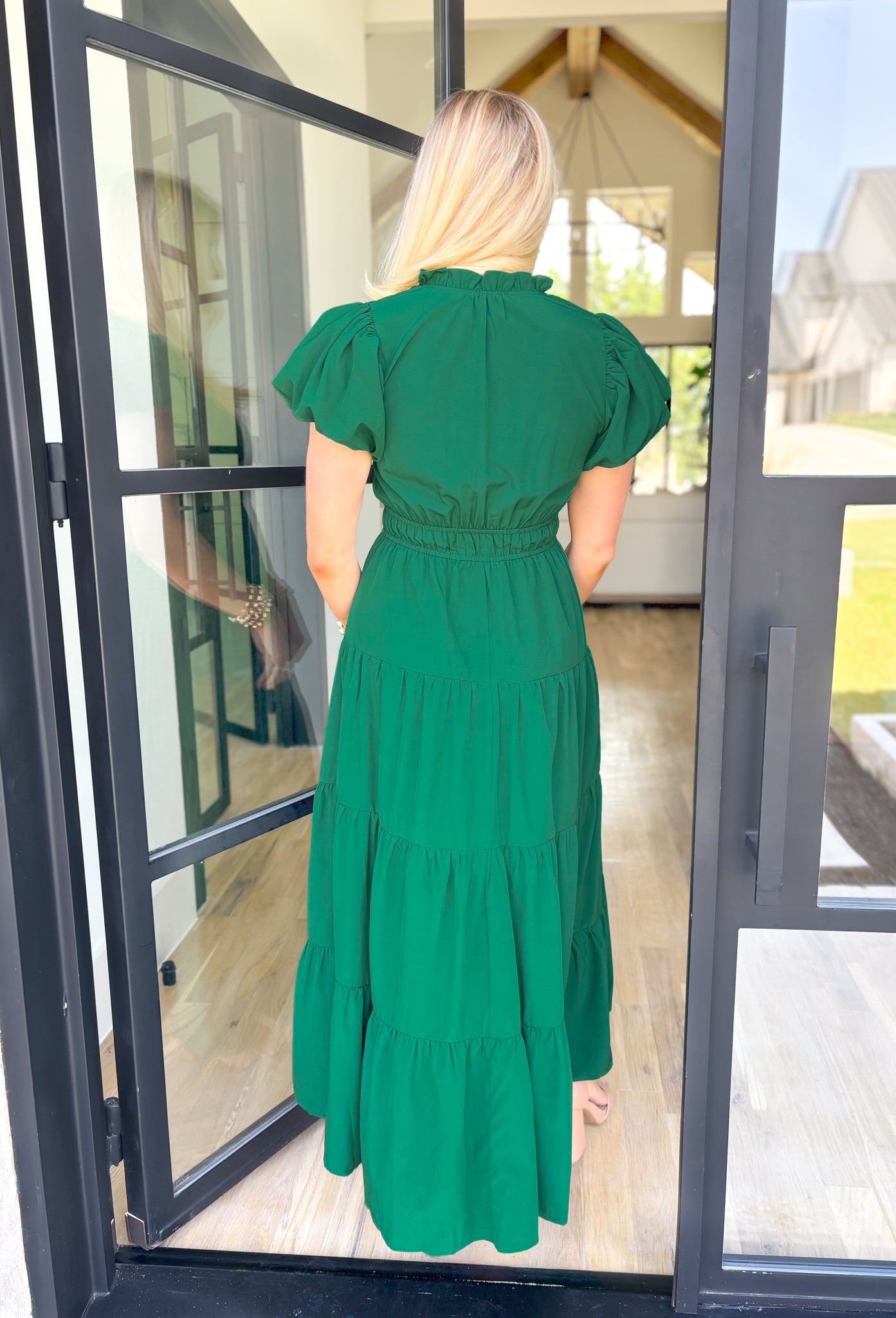 Take It To Heart Midi Dress in Hunter Green, short puff sleeve midi dress with cinching on the waist, v-neck with ruffling on the neck line, and tiering down the dress