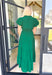 Take It To Heart Midi Dress in Hunter Green, short puff sleeve midi dress with cinching on the waist, v-neck with ruffling on the neck line, and tiering down the dress