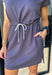 Take The Leap Dress, deep indigo cap sleeve dress with cowl neck and drawstring waist line