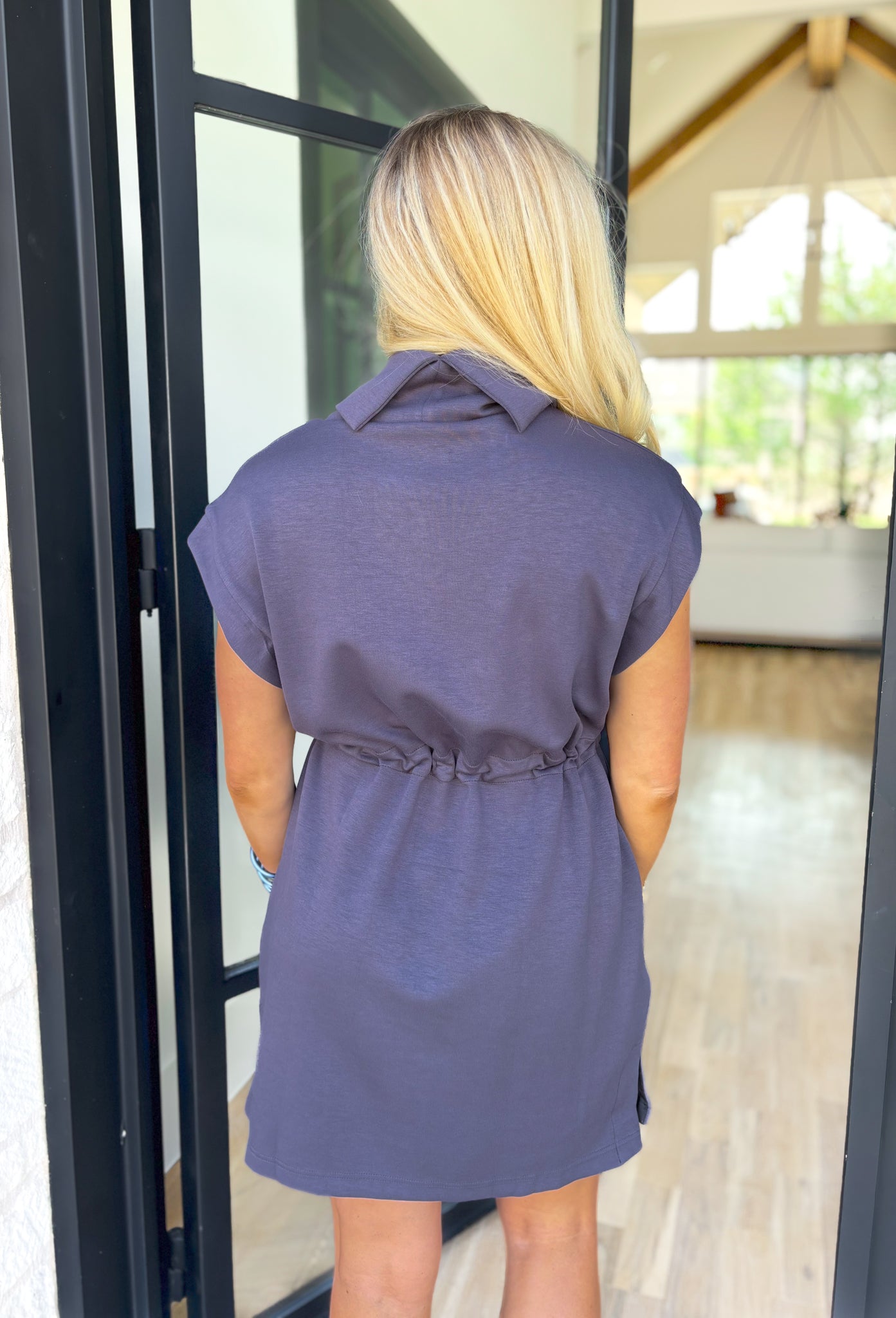 Take The Leap Dress, deep indigo cap sleeve dress with cowl neck and drawstring waist line