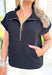 Time Well Spent Top in Black, ribbed cap sleeve quarter zip pullover top with gold zipper on the sides and front pocket