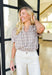 Trust Yourself Top, taupe, light blue, and white plaid puff sleeve blouse with ruffling on the shoulder and a v-neck line 