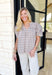 Trust Yourself Top, taupe, light blue, and white plaid puff sleeve blouse with ruffling on the shoulder and a v-neck line 