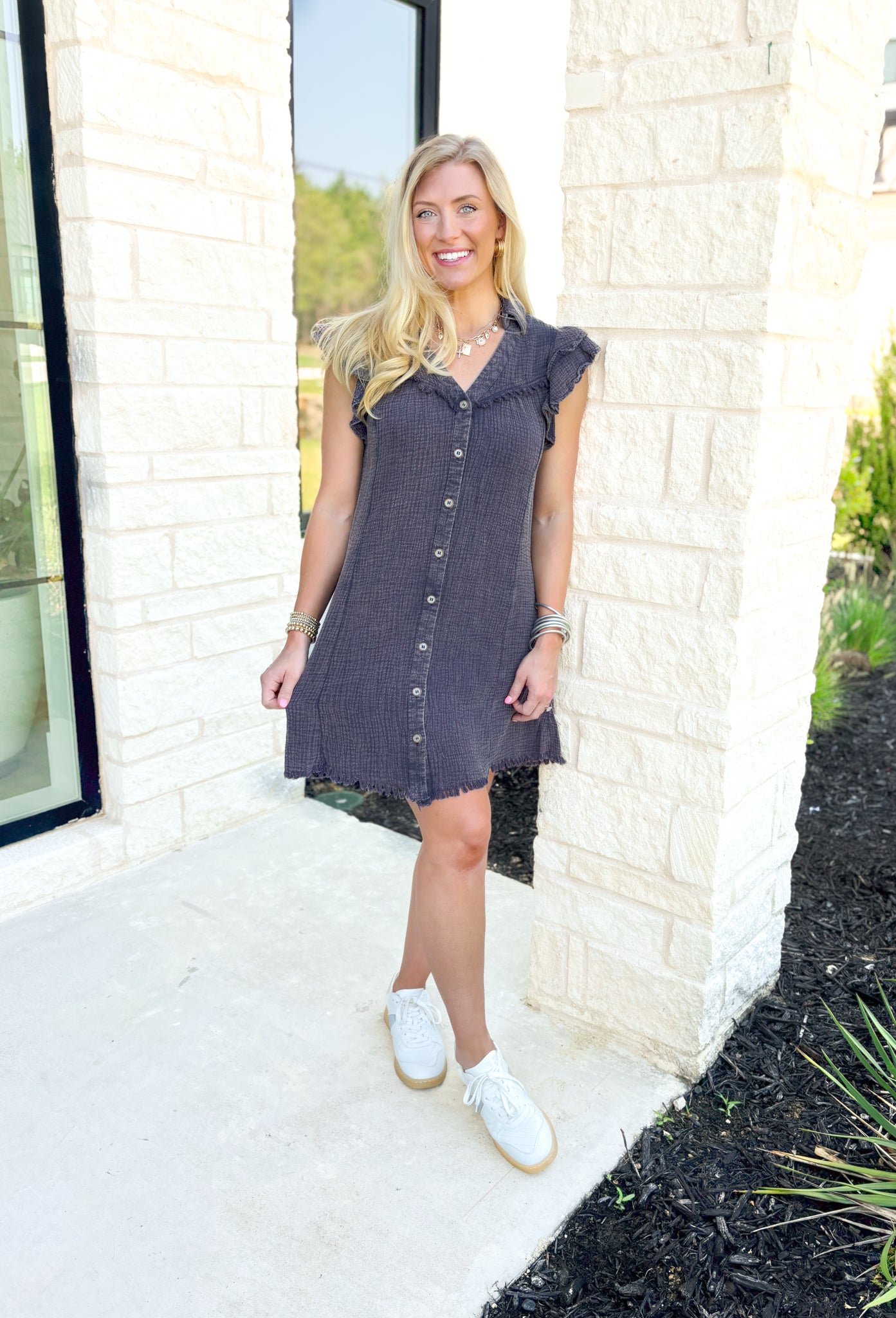 Wait For You Dress, gauze button down dress with ruffle sleeves and frayed hem in indigo