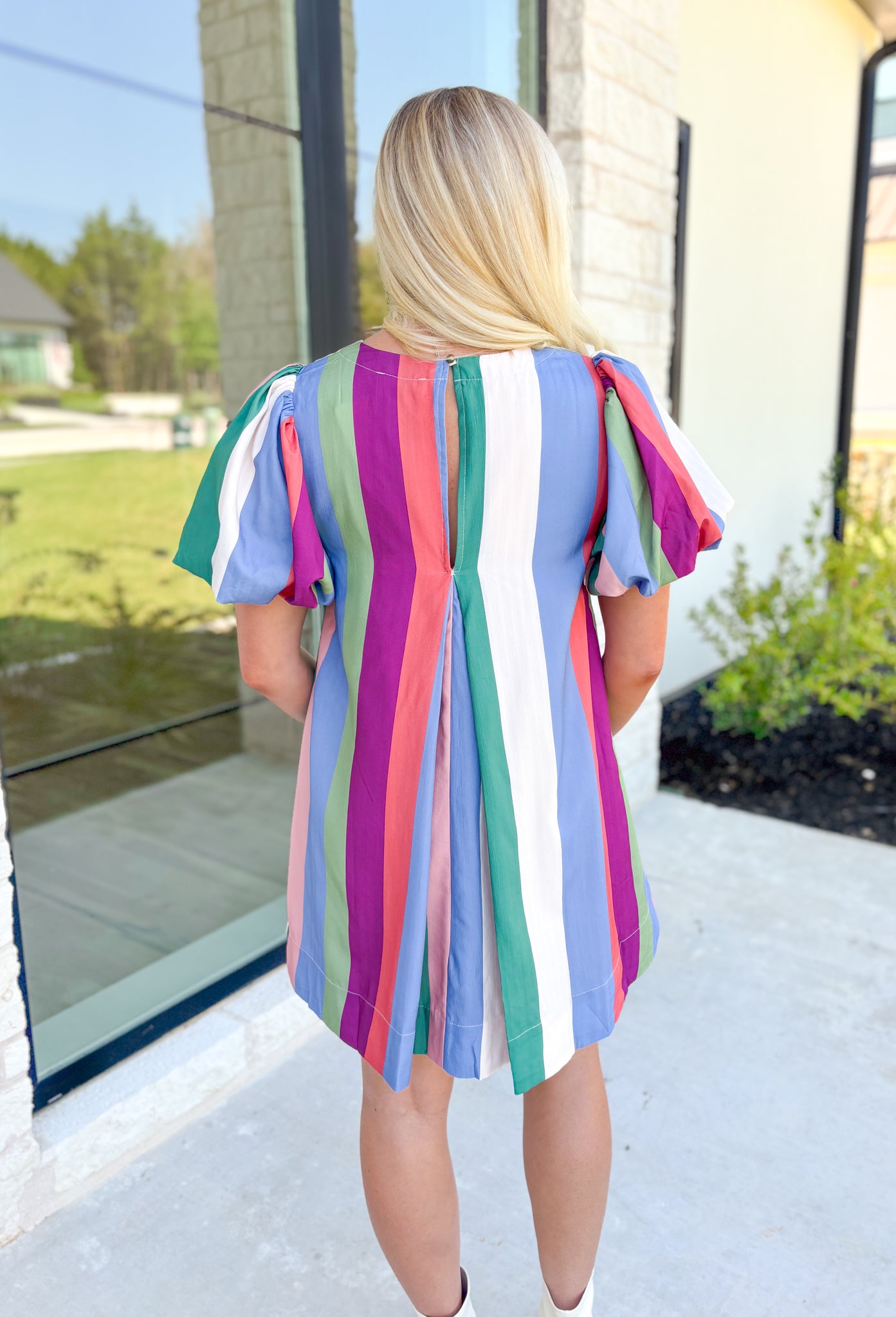 What A Feeling Dress in Denim Plum, puff sleeve striped dress with pockets in the colors white, baby blue, sage green, pine green, mauve, and fuchsia 