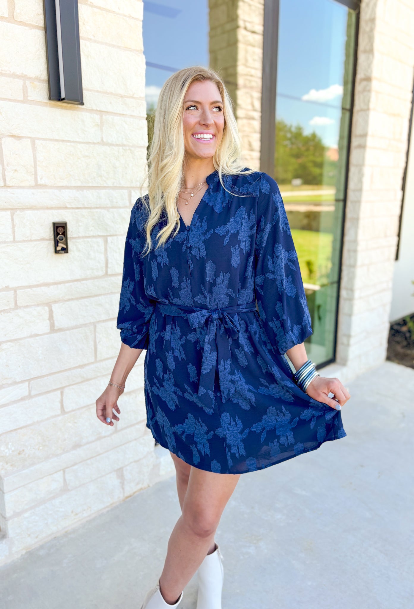 When I See You Dress, deep blue textured floral quarter sleeve dress with collar and quarter button down detail on the front, tie belt around the waist 