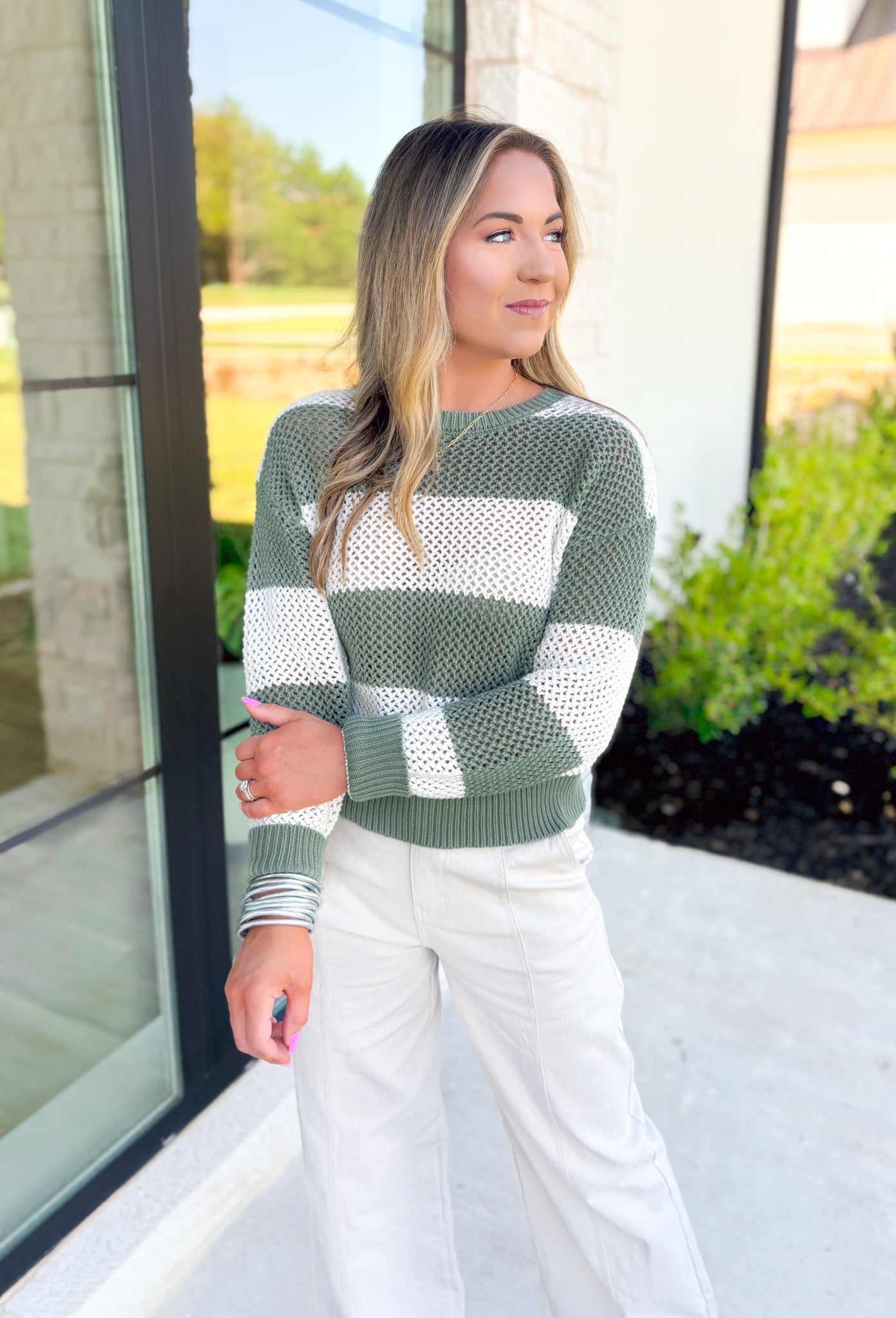 Z SUPPLY Broadbeach Stripe Sweater, large striped knit sweater in olive and off white 