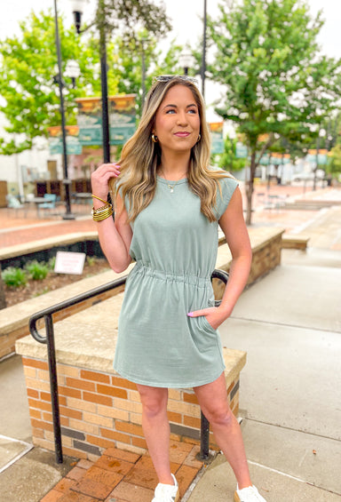 Z SUPPLY Paxton Jersey Dress in Palm Green, cap sleeve elastic waist dress with pockets in washed sage green