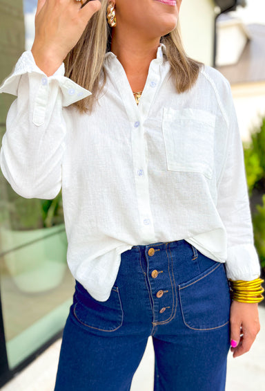 Z SUPPLY Perfect Linen Top in White, linen white button down with one front pocket