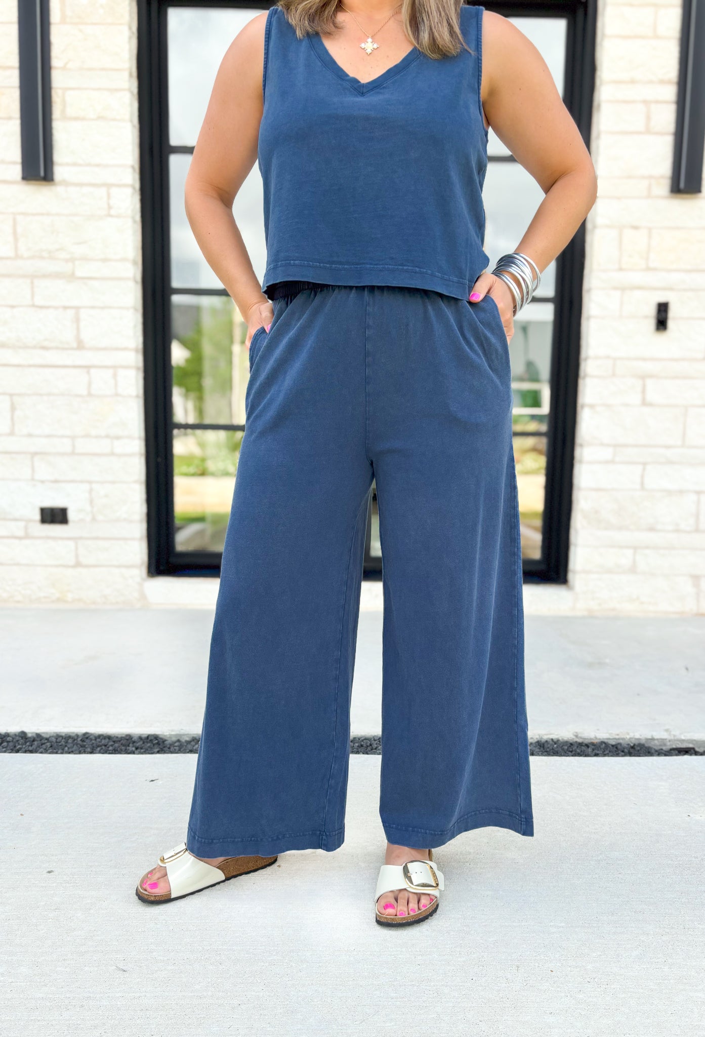 Z SUPPLY Scout Jersey Flare Pant in Midnight, elastic waist band wide leg pant with pockets in a washed navy