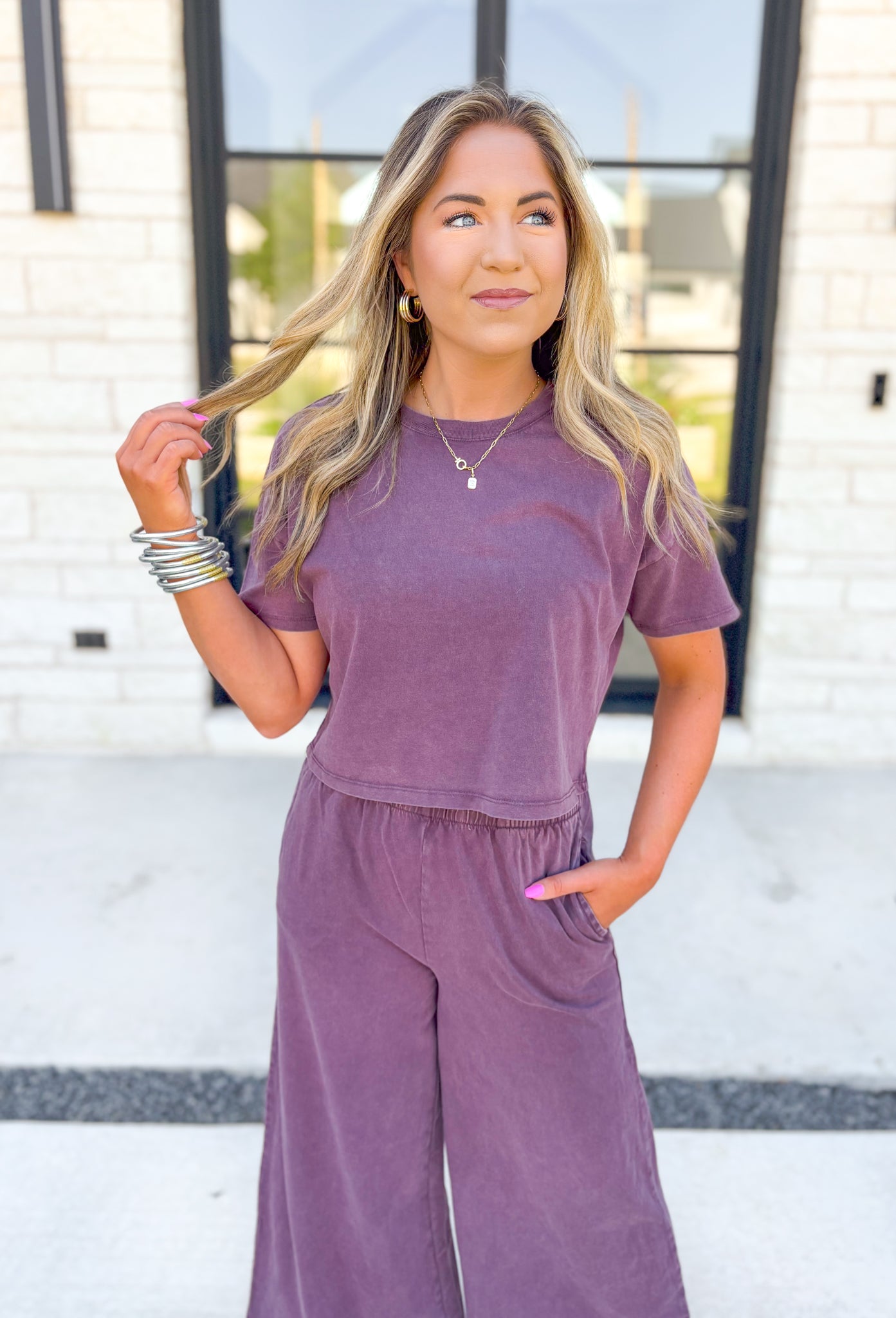 Z SUPPLY Sway Cropped Tee in Cocoa Berry, short sleeve cropped tee  in a washed deep purple 