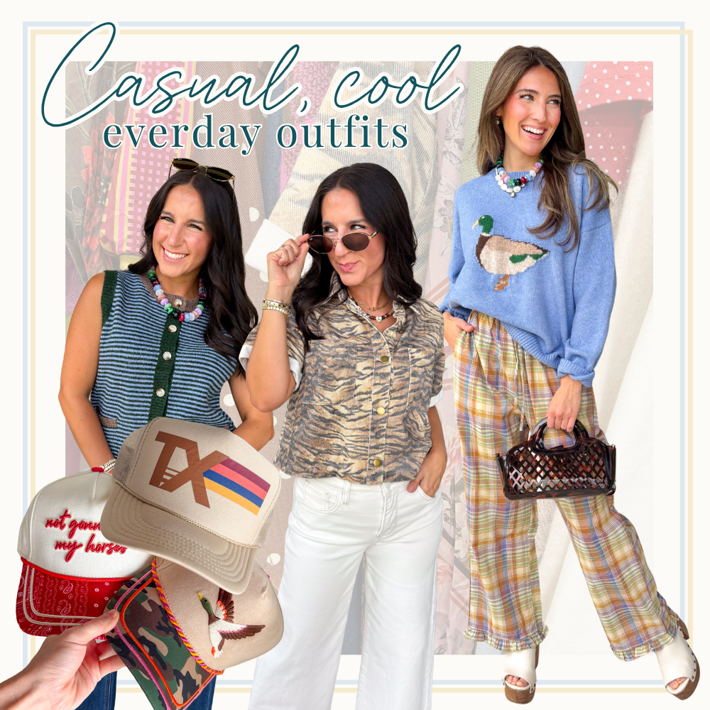 Casual, cool everyday outfits. Models wearing a variety of casual outfits including a tiger stripe collared shirt with gold buttons styled with white jeans. A striped sleeveless sweater. A blue sweater with a mallard duck styled with plaid lounge pants. Also features a variety of trucker hats.