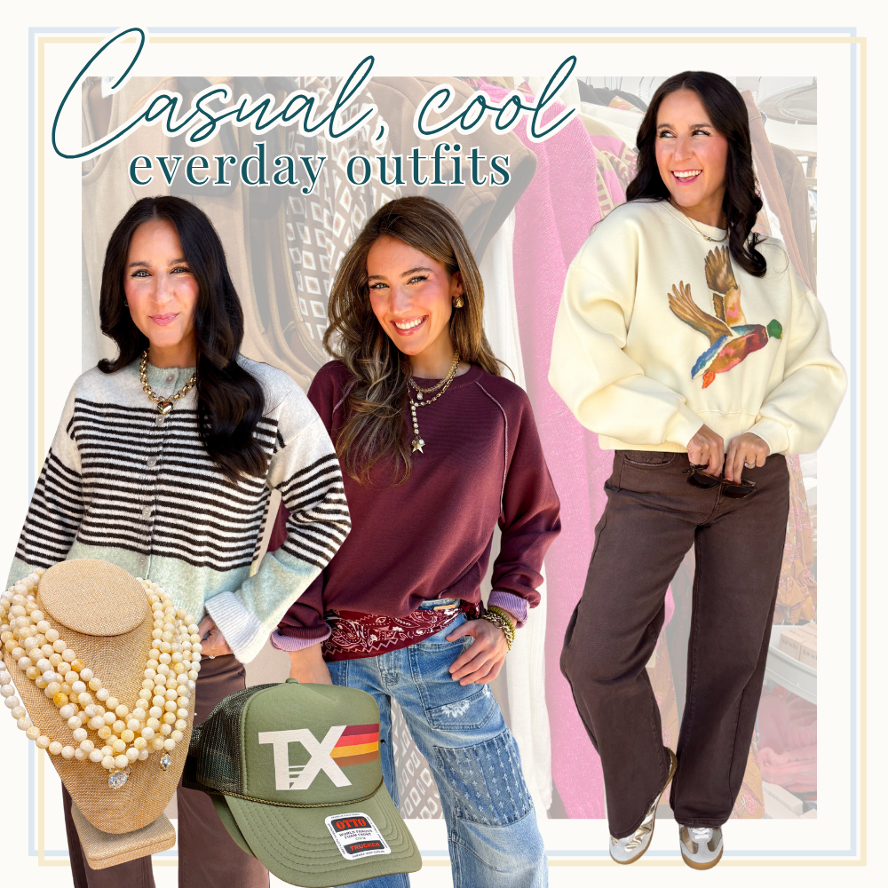 "Casual, cool everyday outfits" 3 everyday fall outfits; one cardigan, one solid pullover, and one graphic pullover all styled with different denim. Pair with a beaded necklace and trucker hat on the side.