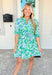 Breath Of Fresh Air Dress, kelly green quarter sleeve button down floral print dress with white lace details and cobalt blue and pink paisley floral design, tie belt around the waist 