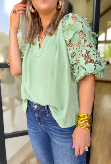 Chasing Love Top in Sage, washed sage colored top with rounded v-neck and floral lace sleeves