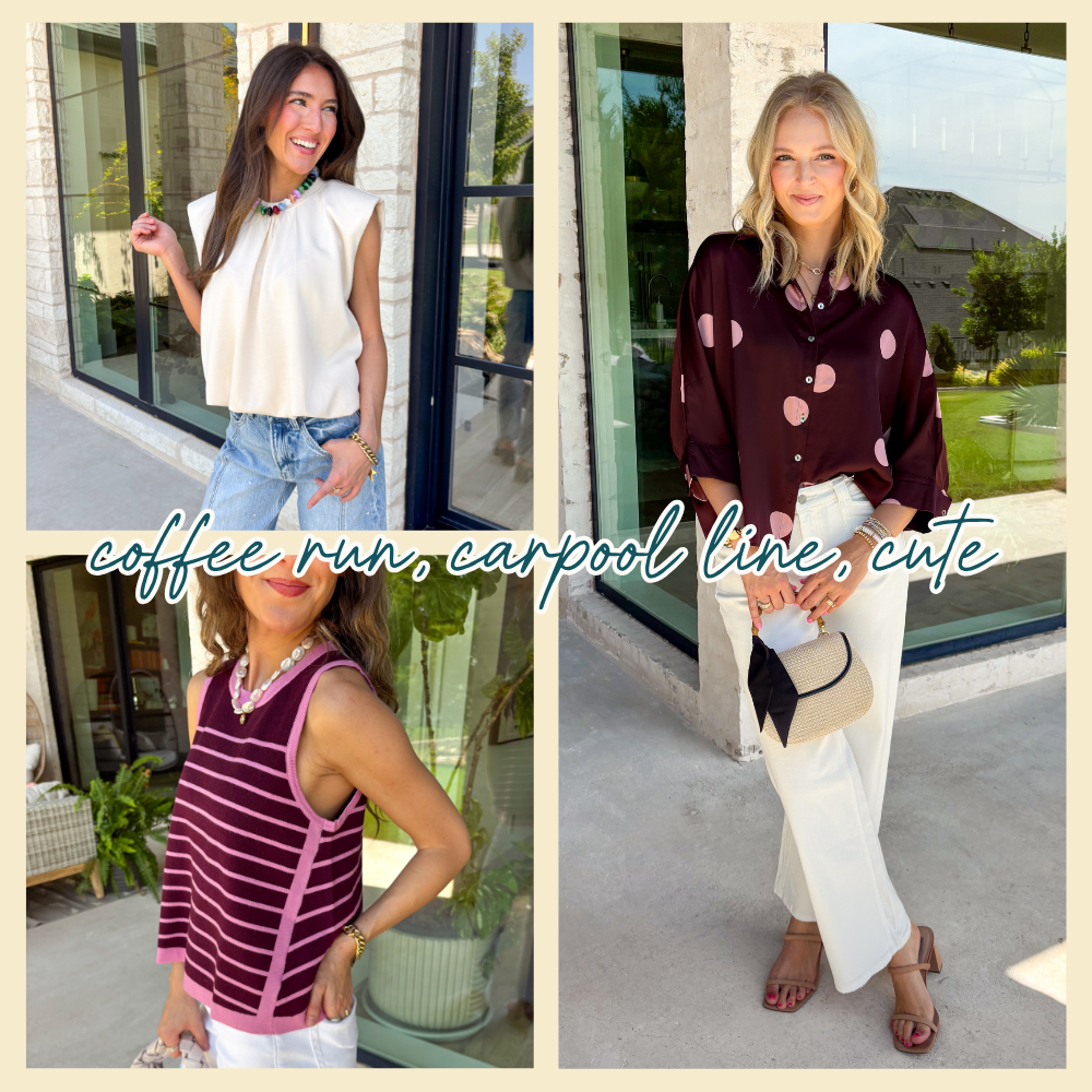 coffee run, carpool line, cute: models wearing easy, everyday styles in fall color combinations like burgundy and pink with light-weight fabrics.