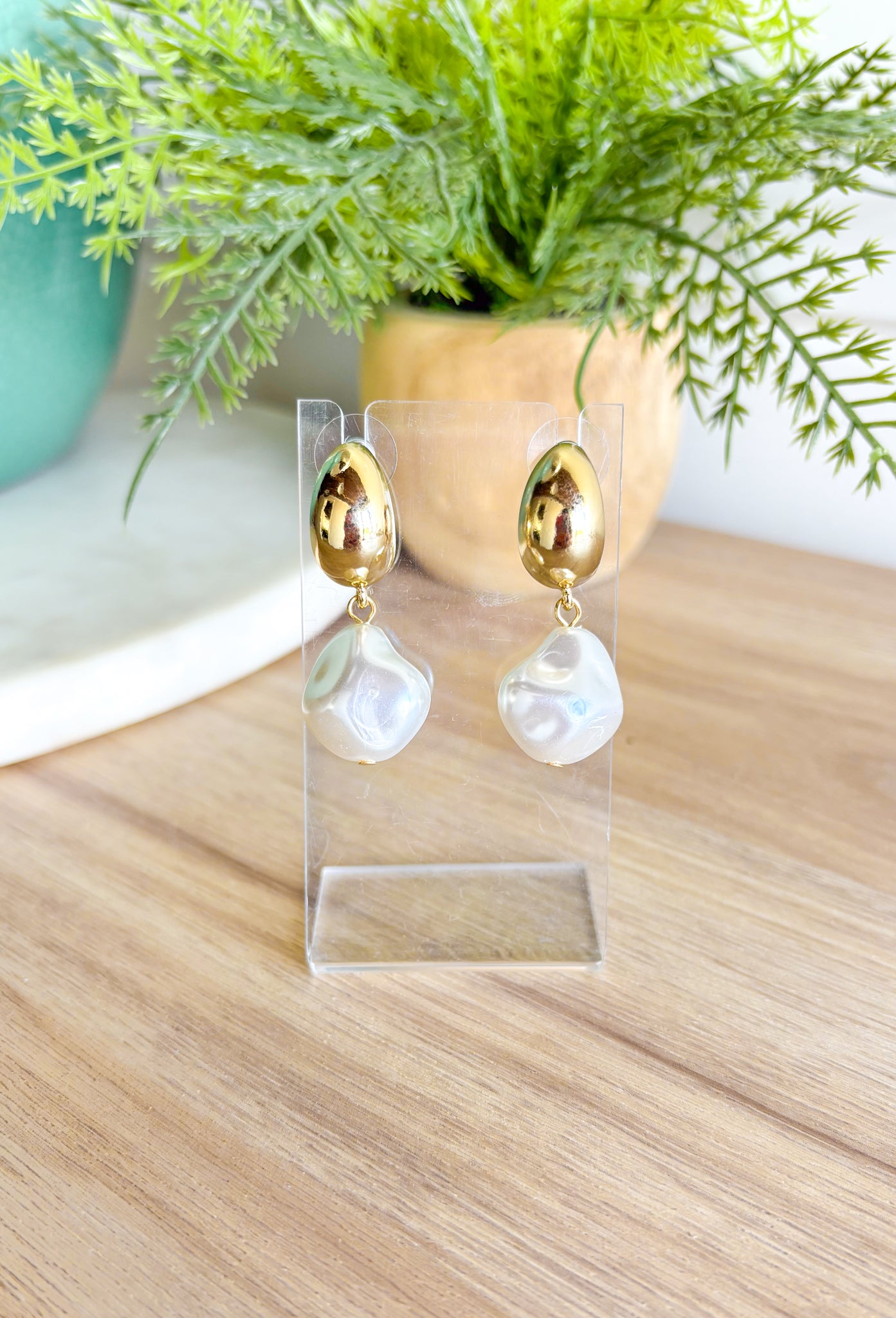 Filled With Hope Earrings, gold oval post earring with large pearl charm