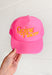 Friday + Saturday: Going Places Trucker in Pink, neon pink trucker hat with "going places" embroidered in yellow