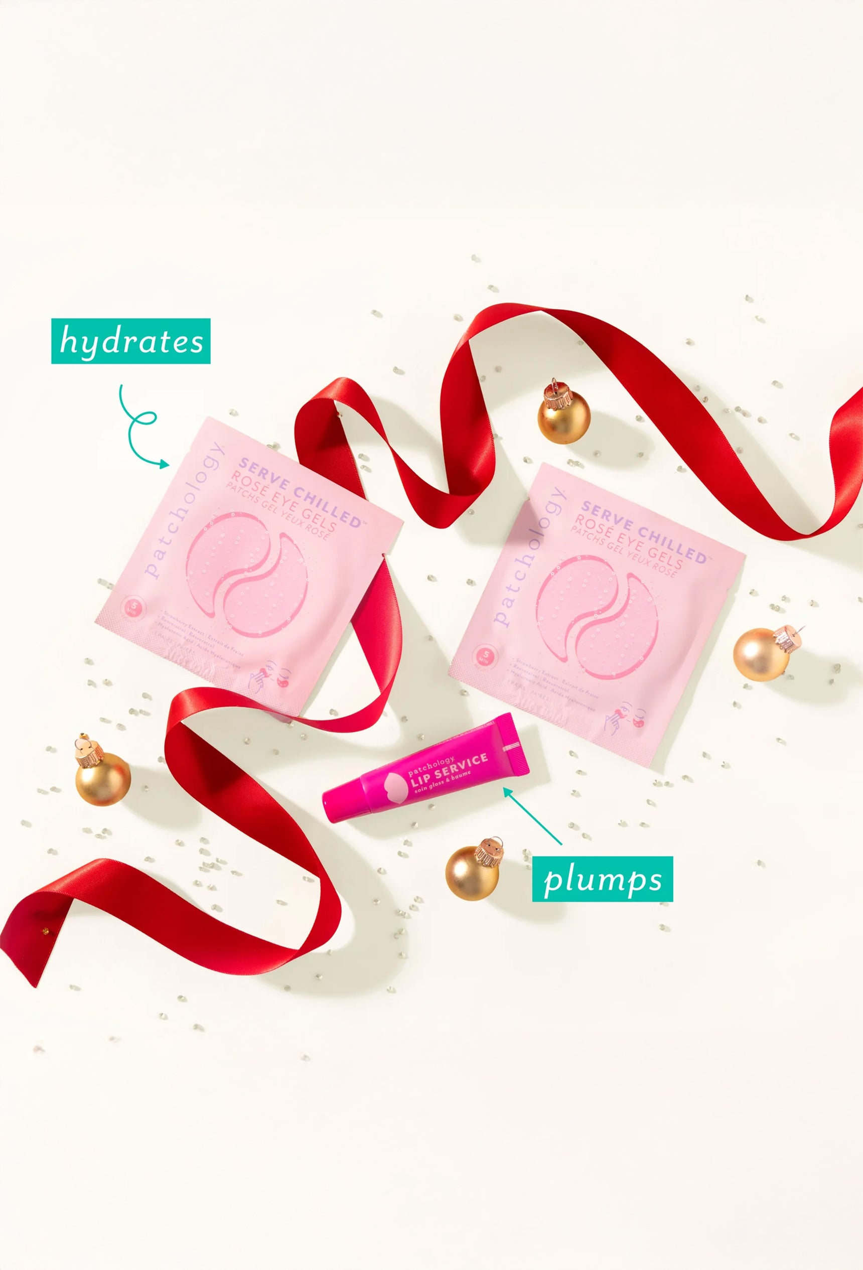 Get holiday-party ready with this limited-edition eye &amp; lip glow kit. Featuring two Rosé Eye Gels and Patchology's best-selling, top-rated Lip Service Gloss-to-Balm, it’s everything you need for refreshed under-eyes and kissable lips—all in one festive set. Smooth, hydrate, and shine your way through every mistletoe moment.