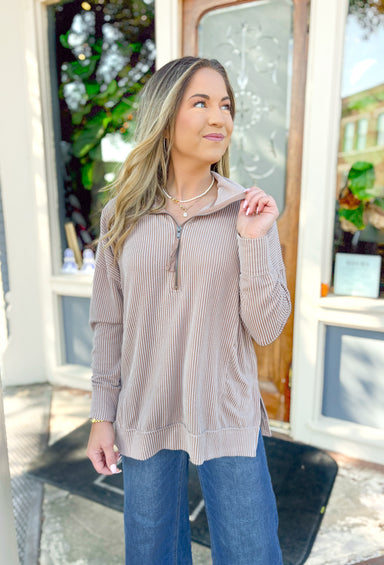 Kayla Corded Pullover in Toast, corded pullover with quarter-zip detail, taupe color  