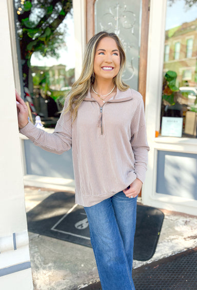 Kayla Corded Pullover in Toast, corded pullover with quarter-zip detail, taupe color  