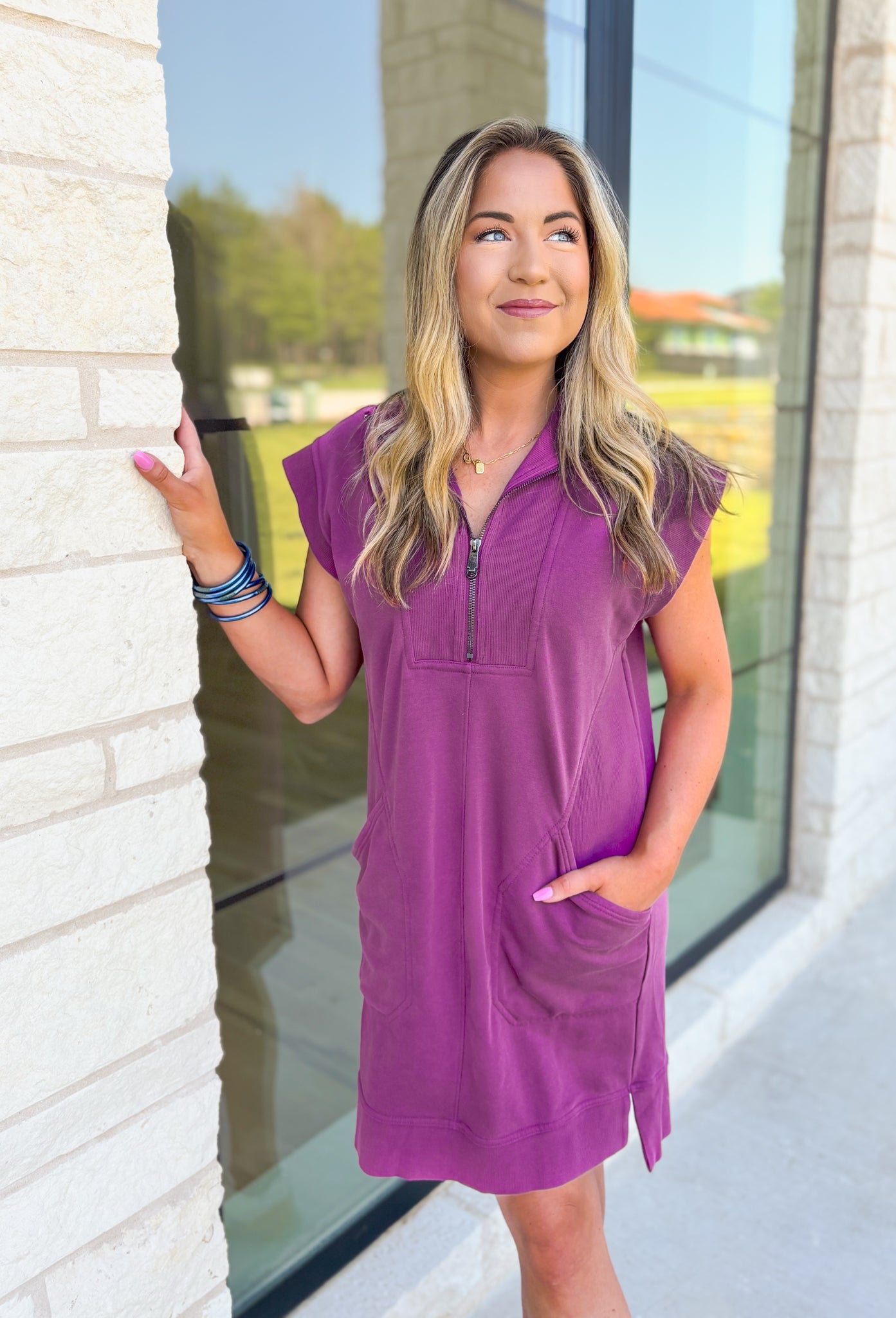 Move On Over Dress in Plum, quarter zip cap sleeve dress with pockets