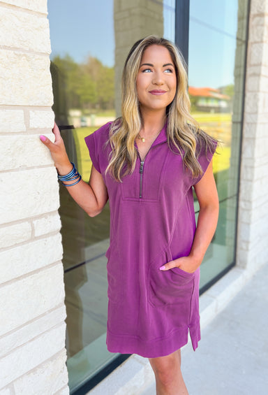 Move On Over Dress in Plum, quarter zip cap sleeve dress with pockets