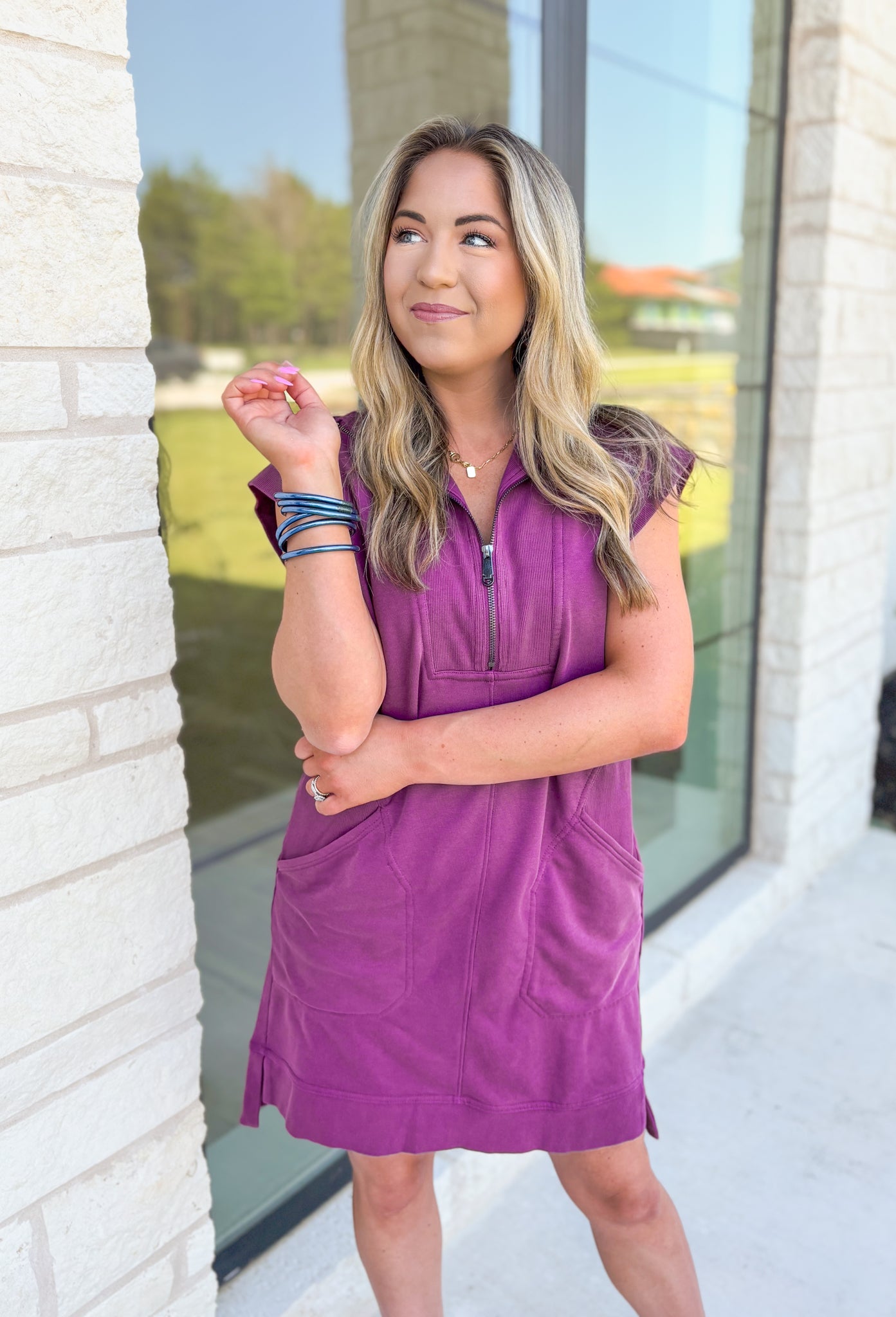 Move On Over Dress in Plum, quarter zip cap sleeve dress with pockets