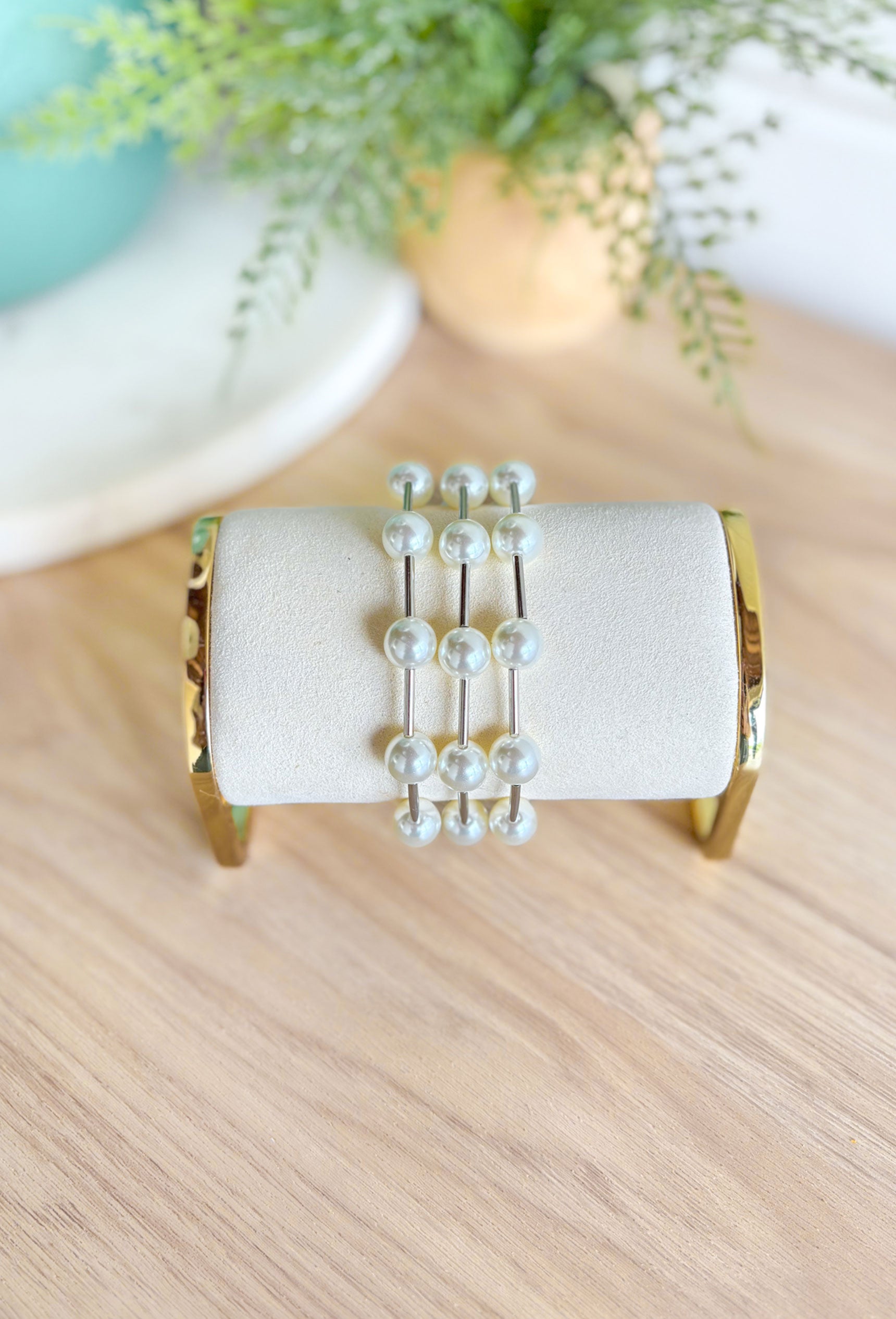 Uptown Chic Bracelet Set in Silver, stack of three silver and white pearl bracelets