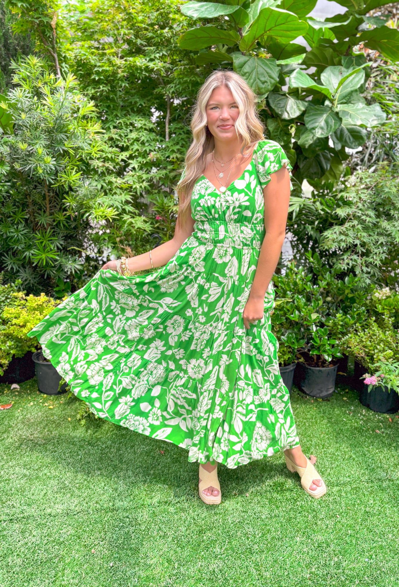 Wait A Minute Floral Midi Dress, amazon green floral tiered midi dress with flutter sleeves, soft v-neck, and cinching at the waist 